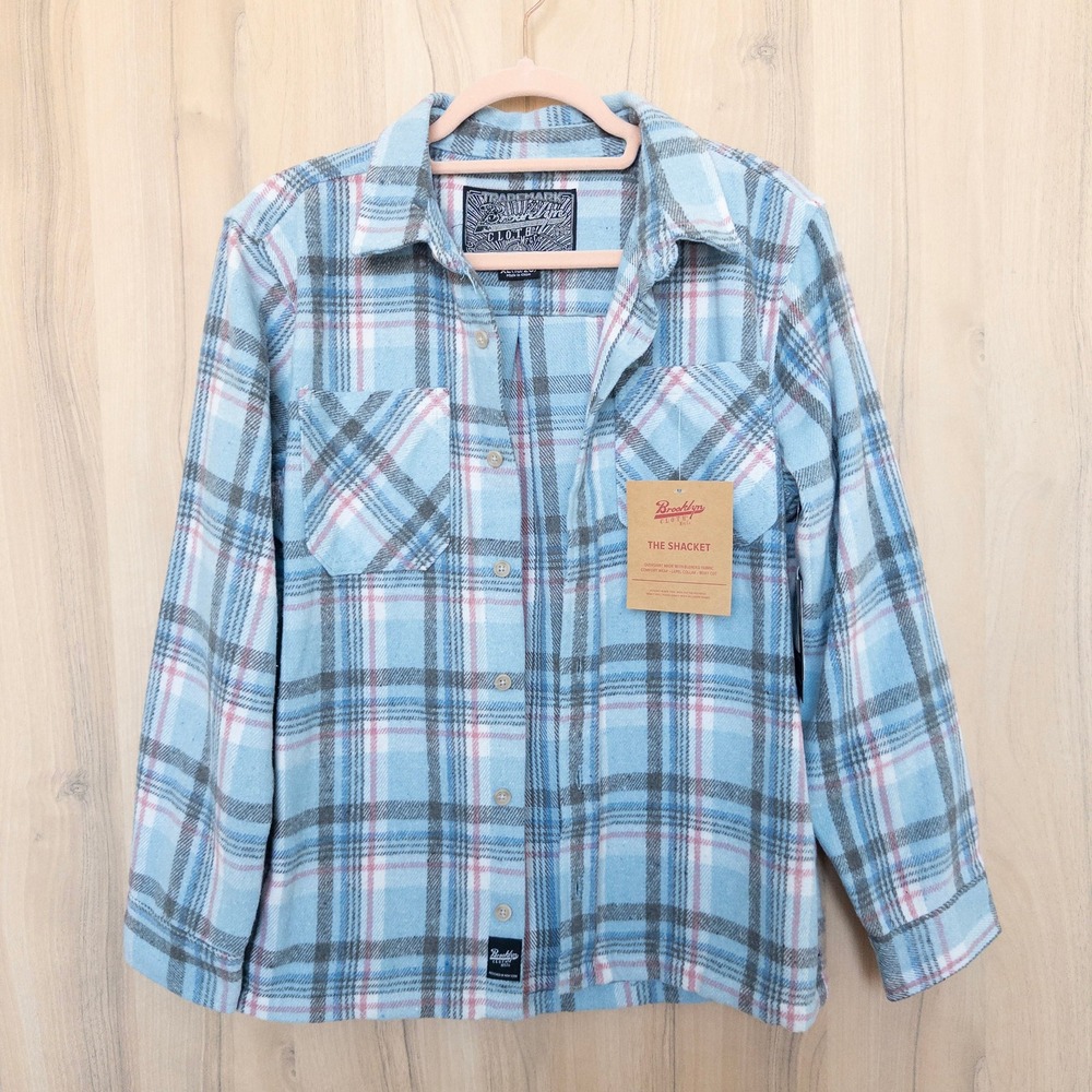 Brooklyn Cloth Kids Plaid Shacket‎ Overshirt Size XL Blue Pink Boxy Cozy Skater